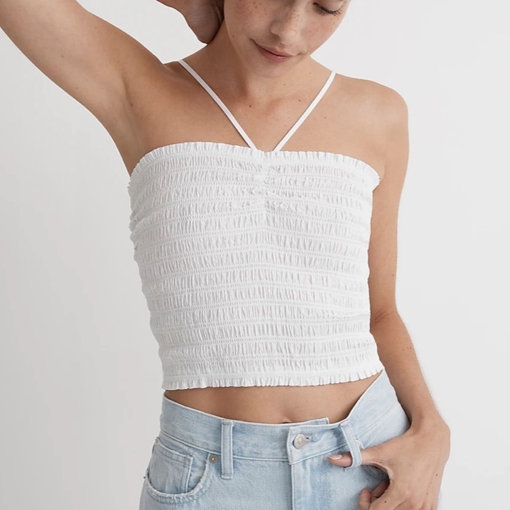 Madewell Poplin Smocked Halter Crop Top NL036 White M